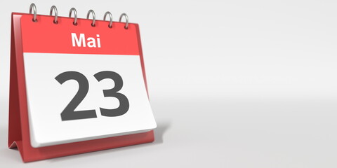 May 23 date written in German on the flip calendar page. 3d rendering