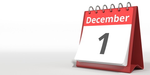 December 1 date on the flip calendar page, 3d rendering
