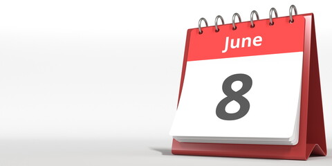 June 8 date on the flip calendar page, 3d rendering