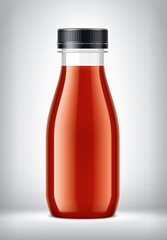 Plastic Bottle on background with Tomato Juice. 