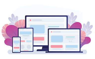 Adaptive programming icons set. Multi device development, software engineering. Responsive web design, The website is open on computer, laptop, tablet and smartphone. Flat vector /Icon illustration.