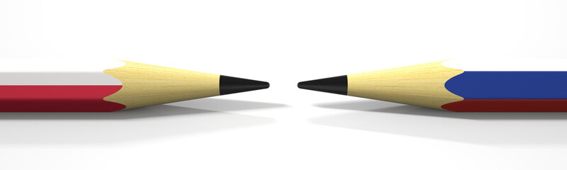 Flags of Poland and Russia on the pencils, 3d rendering