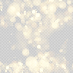 Fototapeta na wymiar Festive background with defocused lights. Effect of bokeh circles. Christmas glowing warm golden glitter element. Vector illustration isolated on transparent background