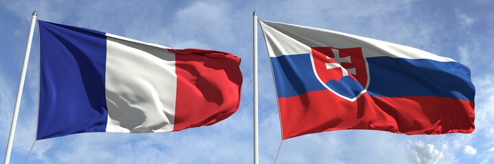 Waving flags of France and Slovakia on flagpoles, 3d rendering