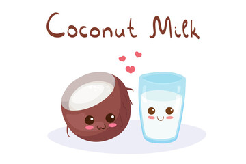Kawaii vector illustration with Whole Coconut & Glass of Milk isolated on white background. Cute happy & funny cartoon food characters. Healthy asian ingredient. Children menu elements, t-shirt print.