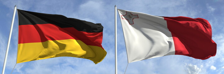 Flying flags of Germany and Malta on high flagpoles. 3d rendering