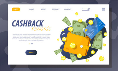 Online cashback concept. Online banking.  Landing page template for web banner.  E payment, cash back, cryptocurrency, wallet. Vector illustration