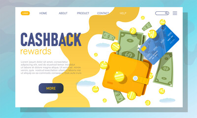 Online cashback concept. Online banking.  Landing page template for web banner.  E payment, cash back, cryptocurrency, wallet. Vector illustration