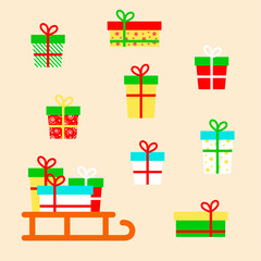 Gift boxes set. Vector flat illustration. Sleigh with gifts