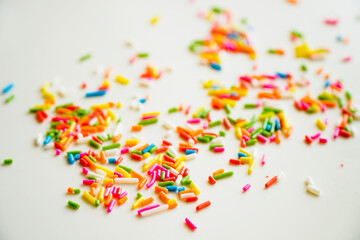 Fototapeta na wymiar Selective focus colorful sugar sprinkle dots for decoration topping cake and ice cream on the table.