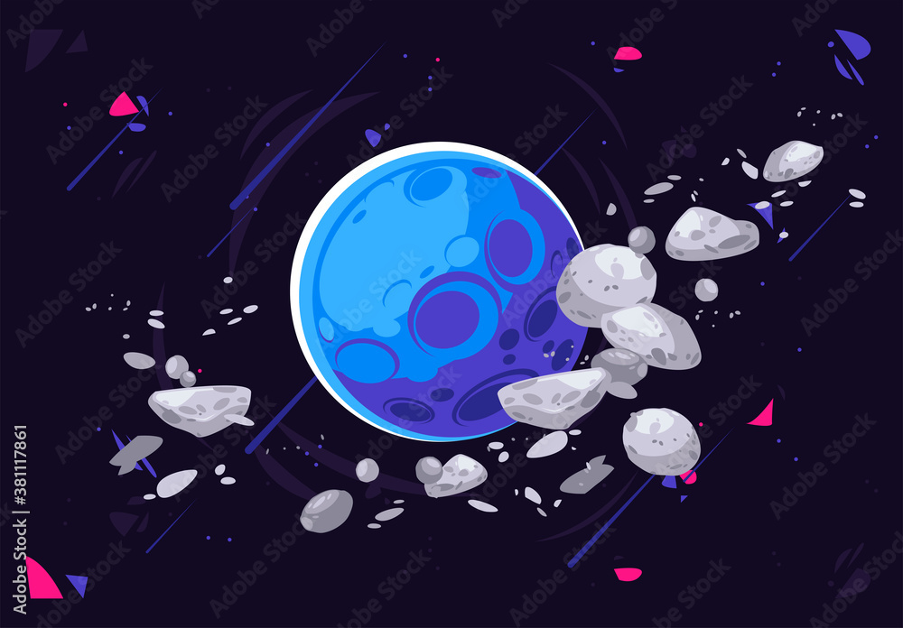 Poster vector illustration of an unknown planet in outer space against a background of shooting stars with 