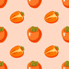 Seamless pattern of ripe persimmon fruits, whole and sliced, on pink background. Bright, juicy vector illustration for natural or food design, fabric, wrapping, paper dishes prints.