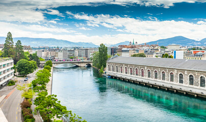 GENEVA, SWITZERLAND - June 12, 2020: Former hydro power plant building and waterworks on Rein,...