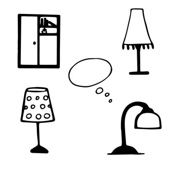 Set of black and white images of icons, home lighting. A game for kids, guess.
Design for logo, tattoo, coloring book, print. isolated background.