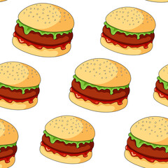 Seamless burger pattern on white background. Appetizing burger with a cutlet, green salad and ketchup in cartoon style. Hand drawing of fast food. Vector illustration for menu, banner, flyers.