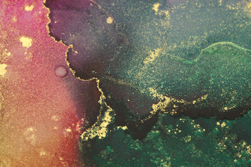 Fototapeta premium Art Abstract horizontal background. Painting flow blots with gold glitter. Alcohol ink colors. Marble texture.