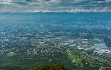 Obraz premium Wide view from Saleve summit on A41 speed way. September, 2020, France.