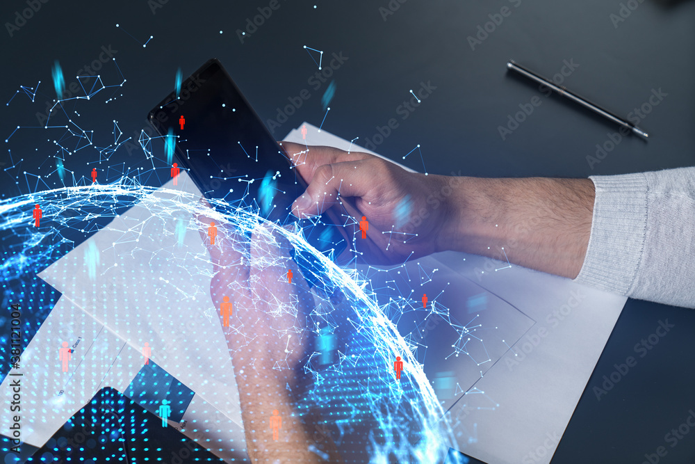 Poster man using phone. hands typing smartphone. double exposure with social media and globe hologram. clos