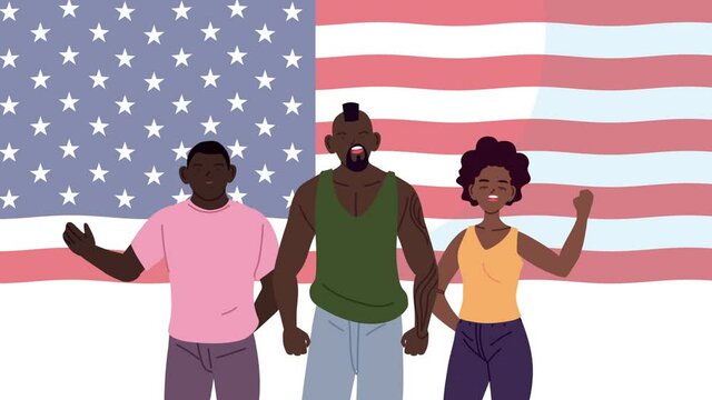 black lives matter animation with group of afro people in usa flag