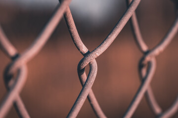 A close up of the links of a chain link fence using selective focus - obrazy, fototapety, plakaty