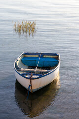 An old wooden boat moored in a calm marina