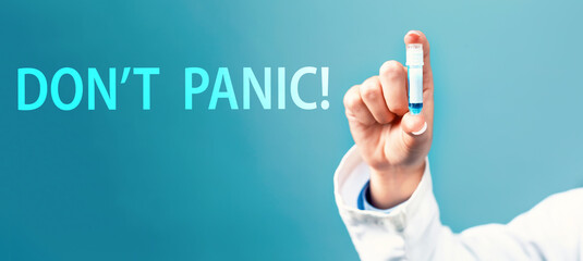 Dont Panic theme with a doctor holding a laboratory vial on a blue background