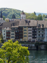 Rheinfelden (Aargau) in Switzerland - View of the center of historic city. Protestant Church and Kupfertorturm
