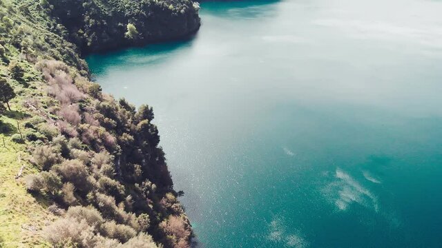 Aerial view Mount Gambier Blue Lake in spring season, Australia. Slow motion