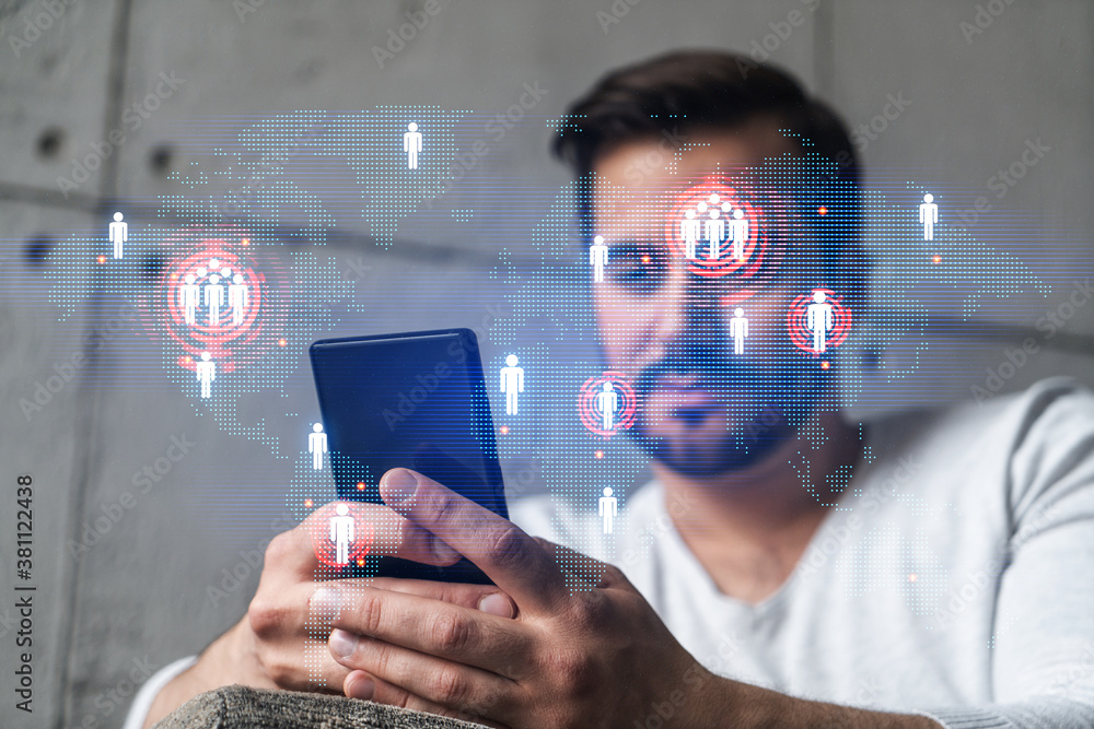 Poster double exposure of world map drawing hologram and a man searching information on phone in internet.
