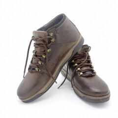 Men's winter sneakers made of genuine brown leather. Boots with synthetic soles, stitched. Lacing with metal hardware. Isolated over white background.