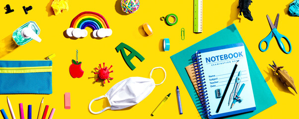 Back to school after Covid-19 theme - flat lay