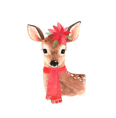 cute animal christmas deer with red scarf and flower, watercolor illustration on white background