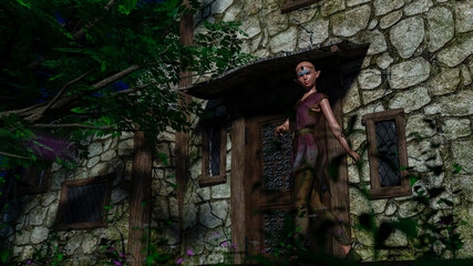 Forest elf with no hair in front of the house in the forest