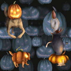 halloween dog pattern. Dogs in suits on the background of blue scary pumpkins. seamless pattern. - 381124288