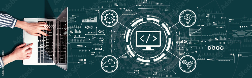 Poster web development concept with person using a laptop computer
