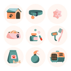  Set of vector icons. Booth, dog collar, ball, bowl of food, vitamins, brushes, combs, food, spray, carrier. Objects isolated on white background, cartoon style.