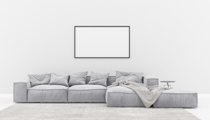 mock up poster frame in modern interior background, living room, couch. Scandinavian style, 3D render, 3D illustration