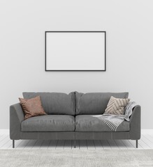 mock up poster frame in modern interior background, living room, couch,Scandinavian style, 3D render, 3D illustration