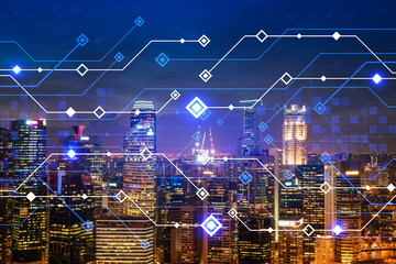 Information flow hologram, night panorama city view of Singapore. The largest technological center in Asia. The concept of programming science. Double exposure.