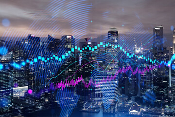 Glowing FOREX graph hologram, aerial panoramic cityscape of Singapore at sunset. Stock and bond trading in Asia. The concept of fund management. Double exposure.