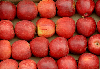 ripe apples display for sale on a farmers market