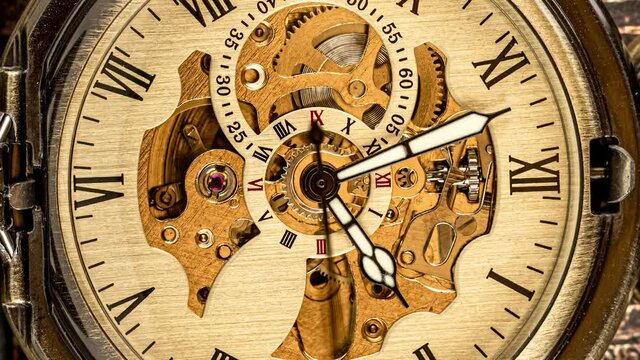 Spiral clock track of time. Antique clock dial close-up. Vintage pocket watch.