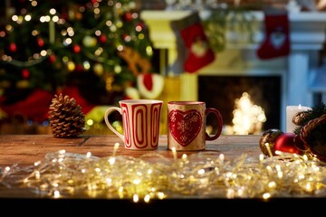 Christmas still life with mugs and fireplace - cosy winter time. 