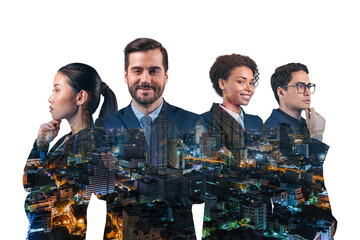 Double exposure of four young, successful, business people standing in front of Asian city Bangkok background. Concept of international teamwork together. Night time.