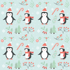 Merry christmas seamless pattern. Cute penguin in winter forest repeating texture.Little penguins wearing santa claus hat, snowflakes endless background. Vector illustration