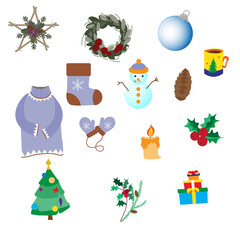 Winter set of decoration items, snowman and Christmas tree, star, glass ball and elegant wreath, gifts, sweater and mittens, poinsettia and much more, vector illustrationia