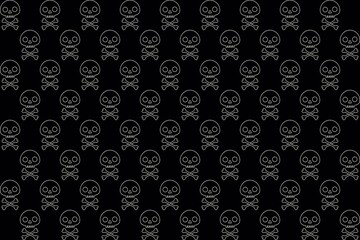 Seamless pattern with human skull and boneson black background. Cute halloween ornament in flat style. Stock illustration for wrapping paper, textile, background, wallpaper, scrapbooking.