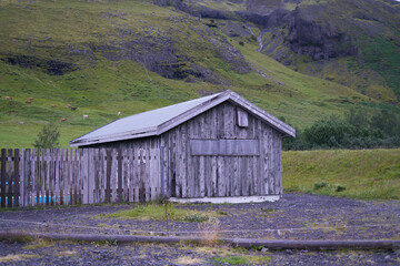 Stokksnes, Iceland Stokksnes also known as the Viking Village. Old village with green roofs and wood buildings. The authentic Viking Village was built at the foot of Mount Vestrahorn. 2020