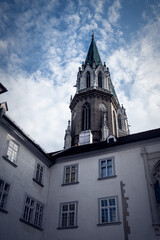 Obraz premium Old European cathedral with dramatic viewpoint