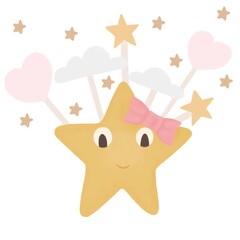 cute childish illustration with a kind star that immerses in a dream